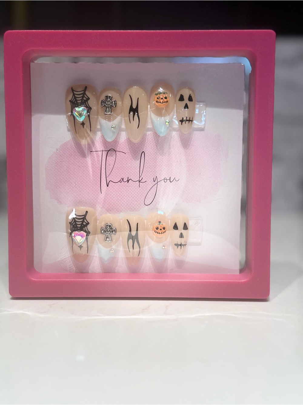 Halloween Nude and Black Press-On Nail Set with Pumpkin and Skull Accents